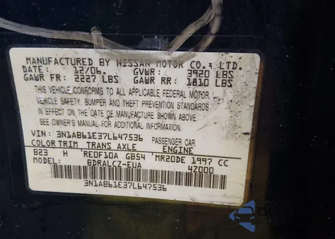 2007 Nissan Sentra 2.0 z USA, uszkodzony, nr VIN 3N1AB61E37L647536